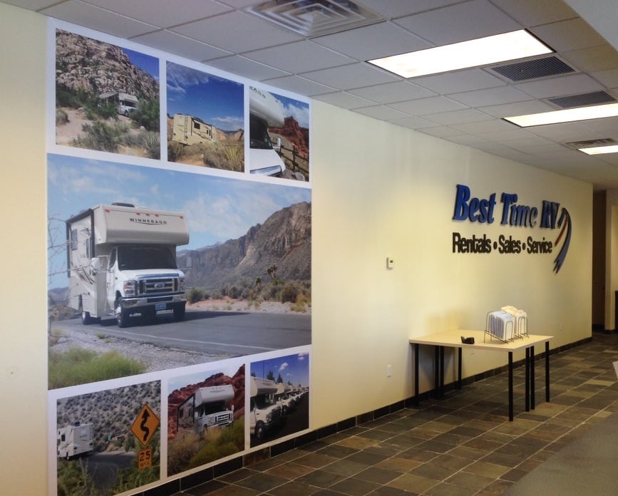 office wall graphics Best Time RV office wall graphics: RV and desert photo panels and a wall logo