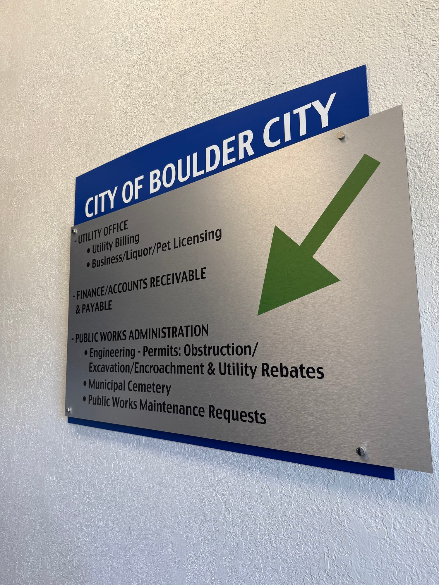 aluminum directional sign City of Boulder City aluminum directional sign with department list and arrows