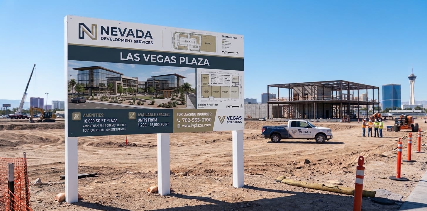 construction site signs las vegas Construction project sign on posts at a Las Vegas building site, with leasing details and a site plan