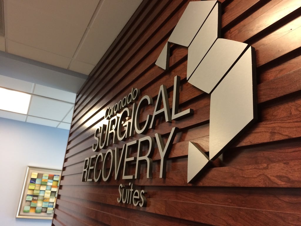 3d dimensional letters Coronado Surgical Recovery Suites 3D letters and logo on a wood slat wall
