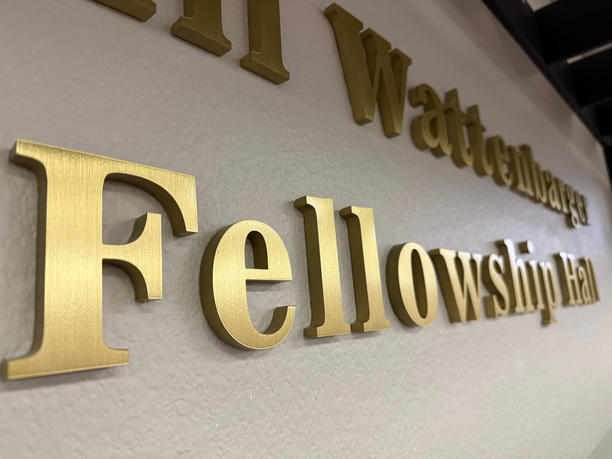 gold dimensional letters interior sign Fellowship Hall interior sign in gold dimensional letters