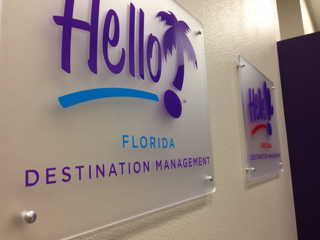 frosted acrylic signs las vegas Hello Florida and Hello Arizona Destination Management signs: frosted acrylic panels on standoffs
