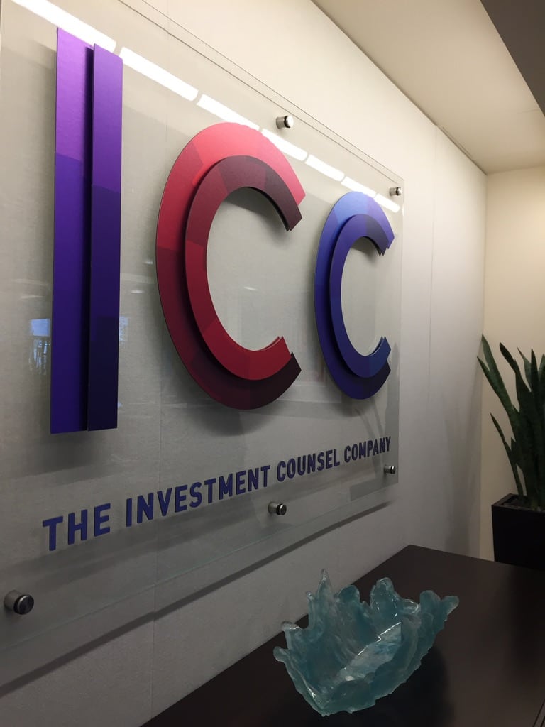 interior lobby sign ICC The Investment Counsel Company lobby sign in dimensional letters on clear acrylic