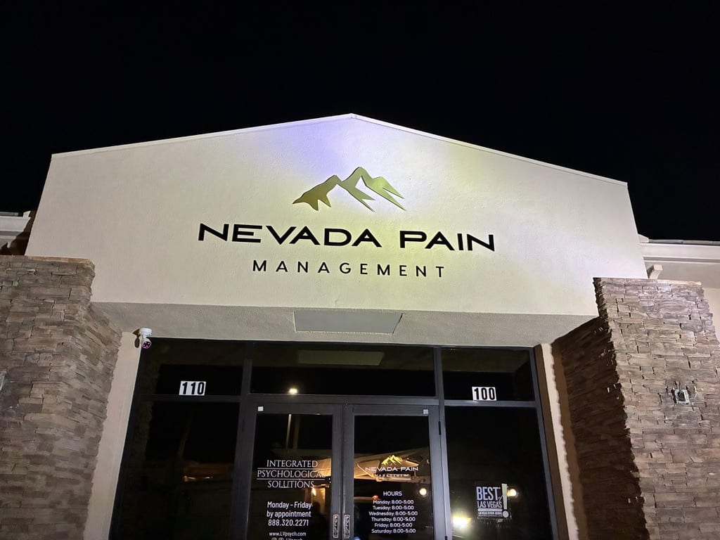 lit exterior building sign las vegas Nevada Pain Management lit exterior building sign at night