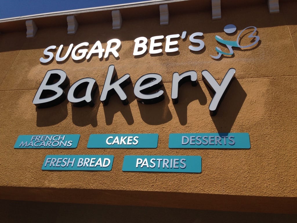 dimensional storefront letters Sugar Bee’s Bakery storefront sign in dimensional letters with menu panels