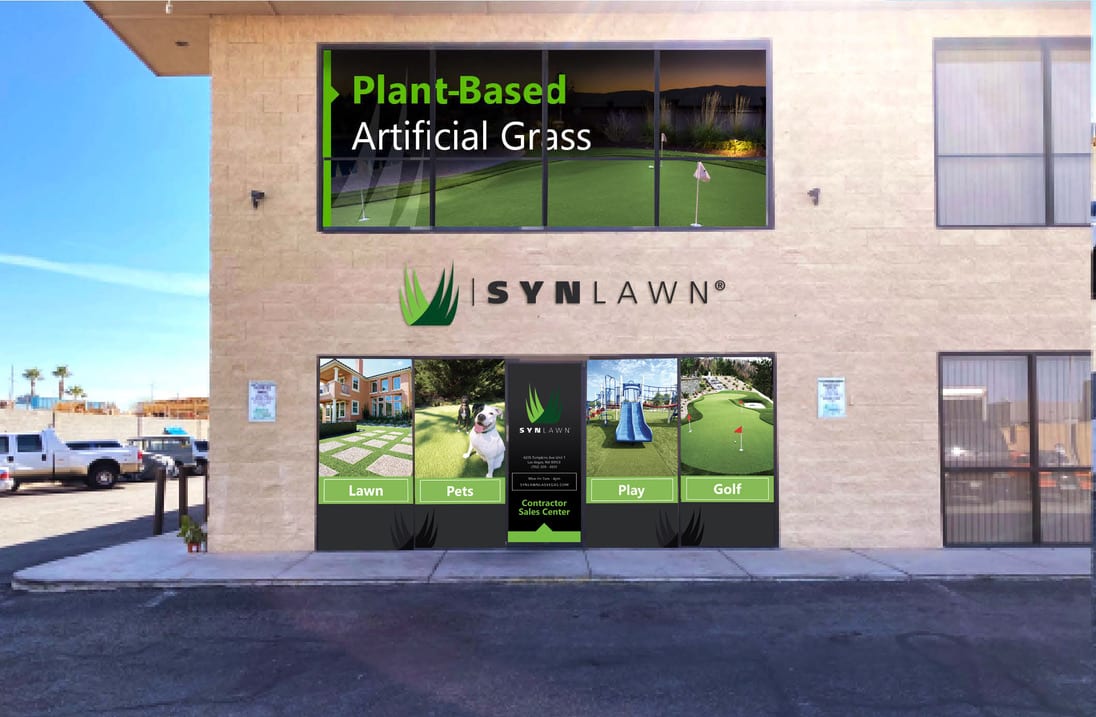 SynLawn storefront window graphics: full-color printed window vinyl with logo lettering