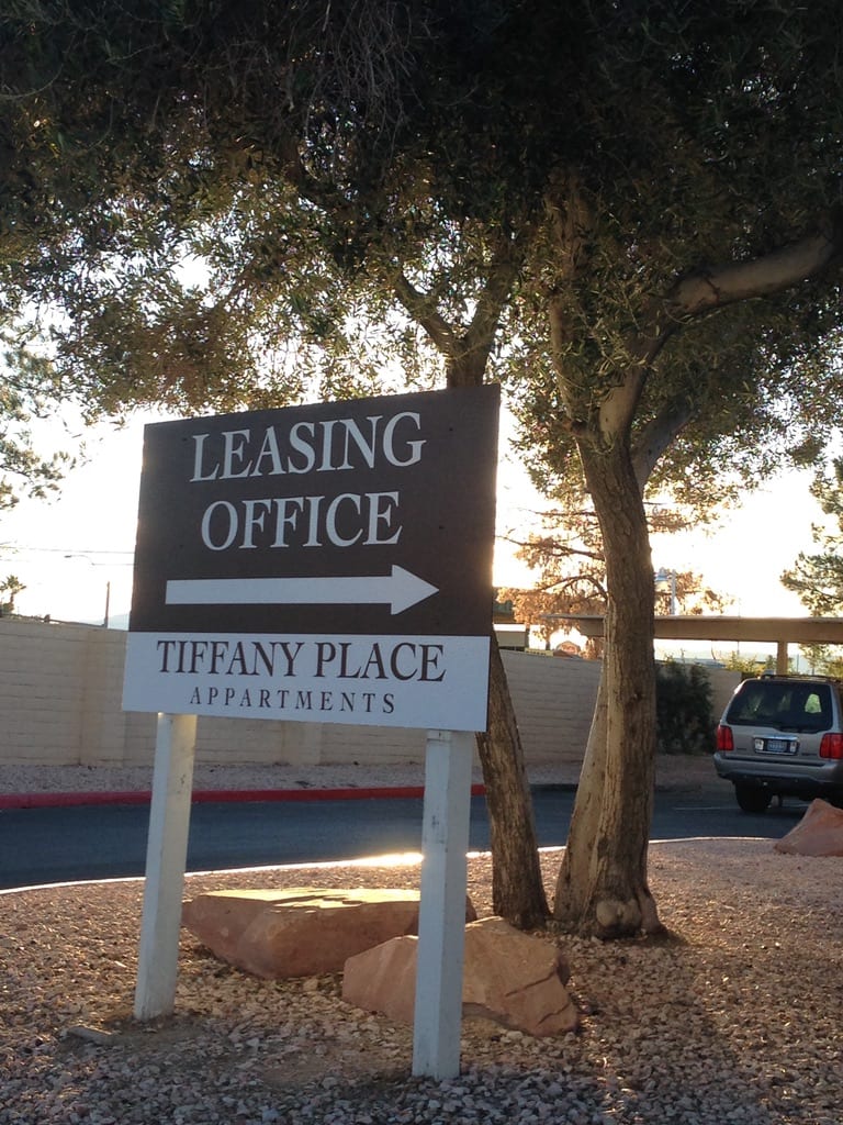 aluminum sign and sign posts apartments Aluminum sign on posts: Tiffany Place Apartments leasing office directional sign