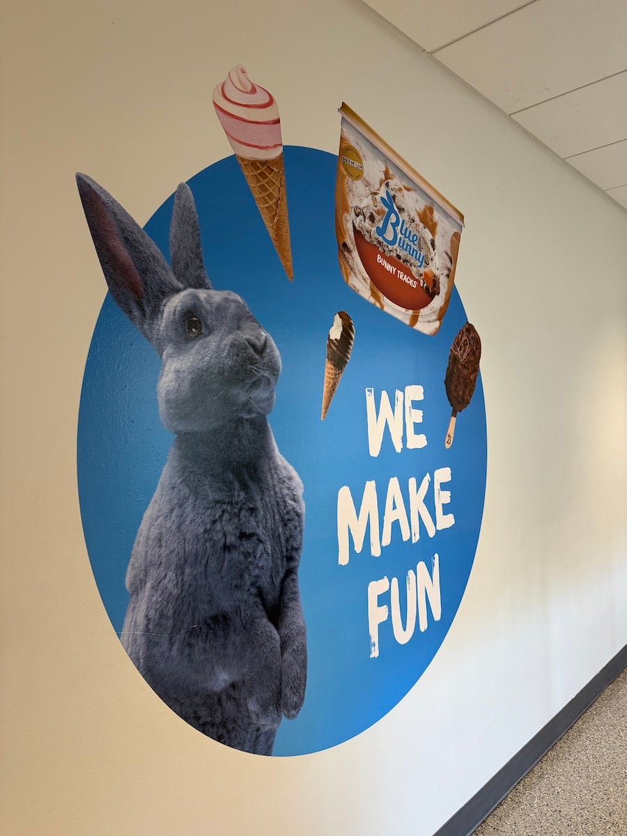 wall graphic We Make Fun wall graphic with a rabbit and ice cream treats in a blue circle